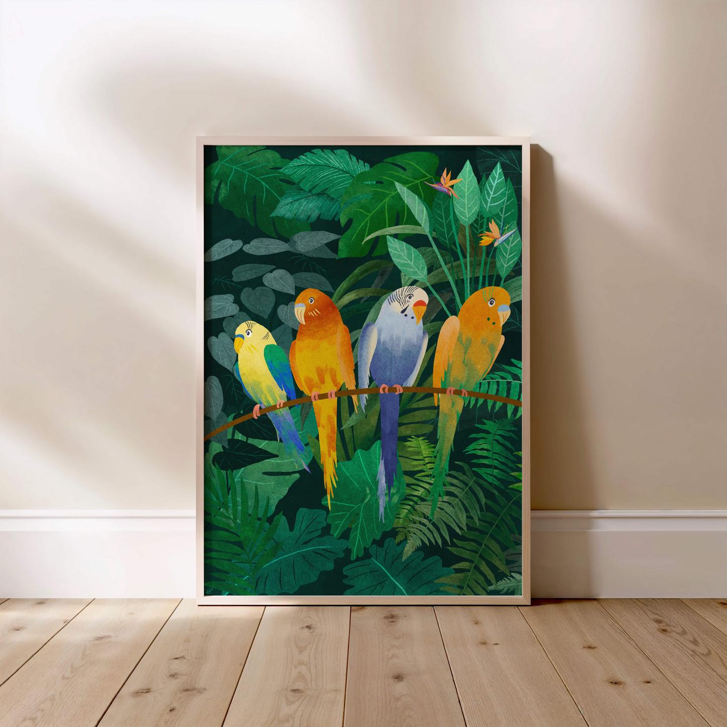 Tropical Parakeets Poster Colourful Jungle Wall Art  Hand Made Exotic Bird Print Nature Lover’s Home Decor A4 A3