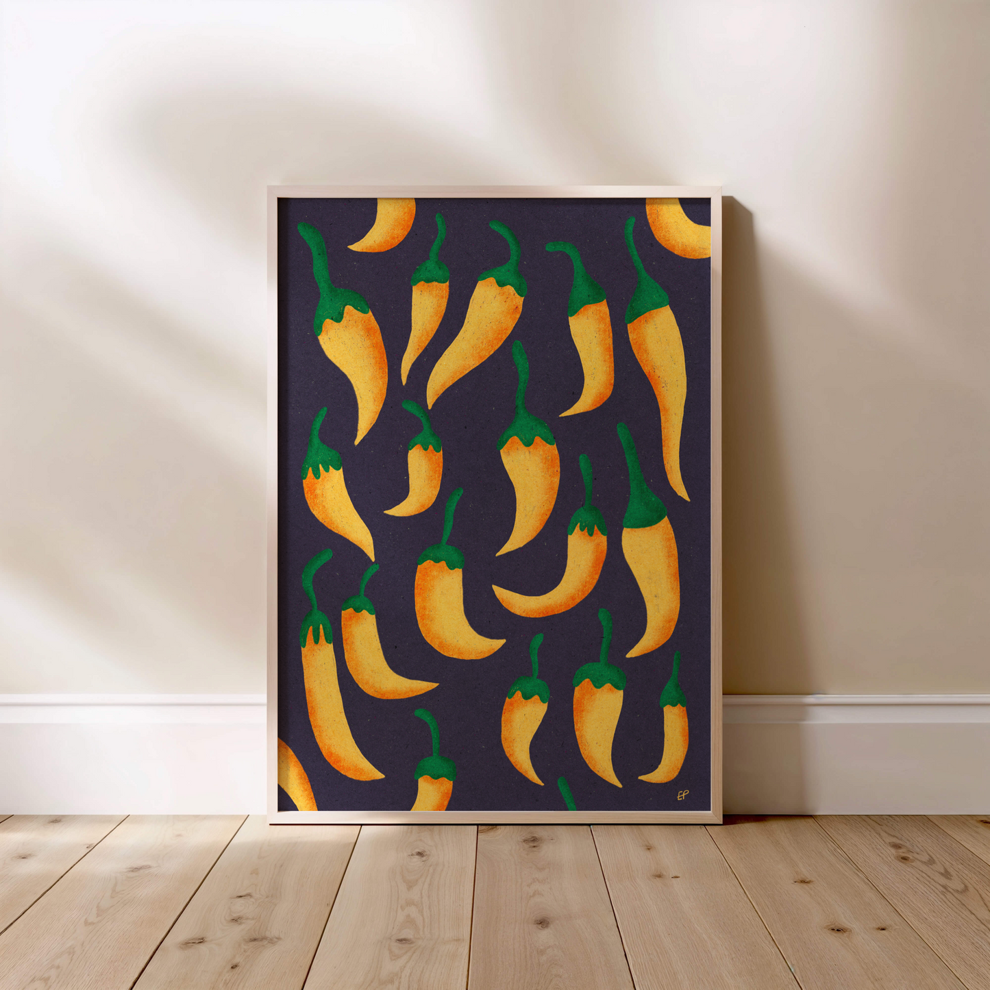 Yellow Chili Peppers Poster Vibrant Tropical Wall Art Quirky Hand Made Botanical Print For Kitchen or Dining Room Decor A1 A2 A3 A4 A5