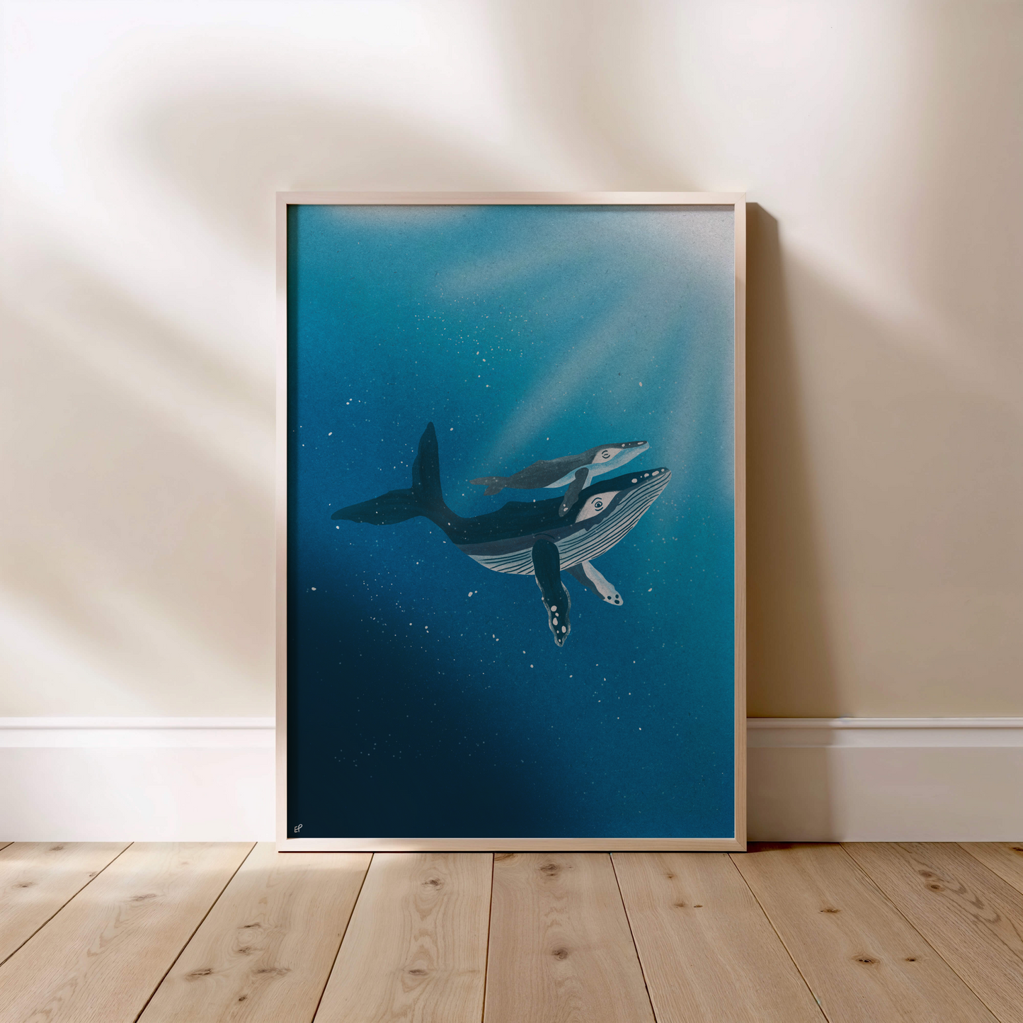 Whale Family Art Print For Animal Lovers Blue Ocean Poster for Living Room With Calm Underwater Scene A1 A2 A3 A4 A5