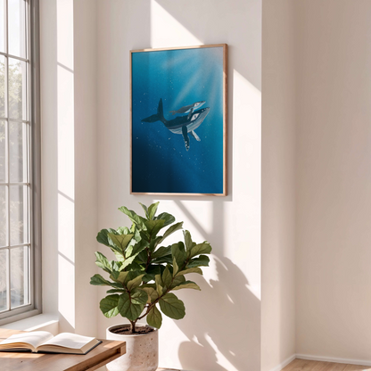 Whale Family Art Print For Animal Lovers Blue Ocean Poster for Living Room With Calm Underwater Scene A1 A2 A3 A4 A5